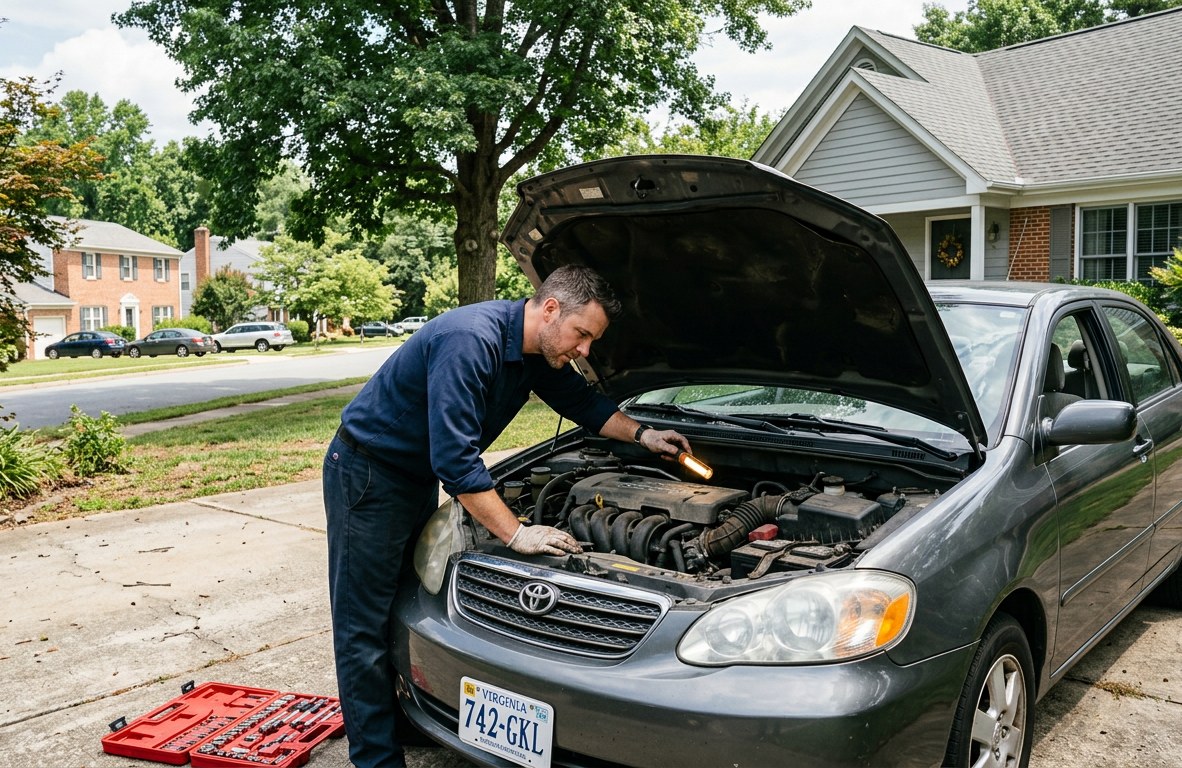 Certified mobile mechanic in a navy work shirt checking under the hood of a sedan in a residential driveway