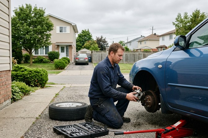 Mobile mechanic kneeling beside a car wheel with a brake caliper in hand on a quiet residential street