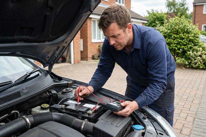 Mobile mechanic using a digital multimeter to test a car battery in an open engine bay