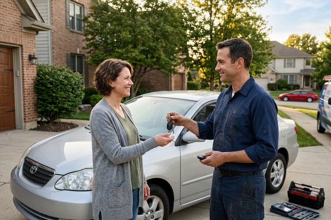 Happy driver getting keys back from a mobile mechanic beside a car in a driveway at golden hour
