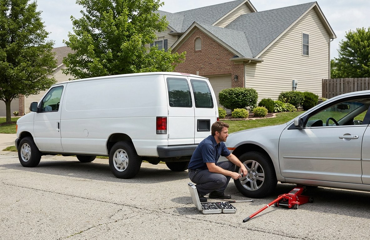 Mobile mechanic service van parked beside a car in a suburban driveway with tools laid out