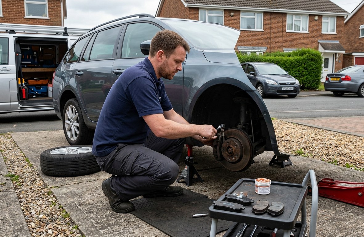 Mobile mechanic replacing brake pads on a car wheel in a residential driveway