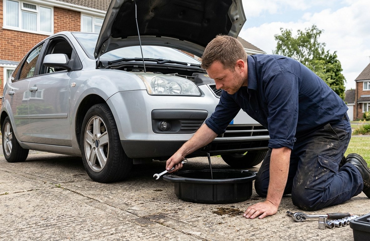 Mobile mechanic draining engine oil from a car in a driveway with a catch pan