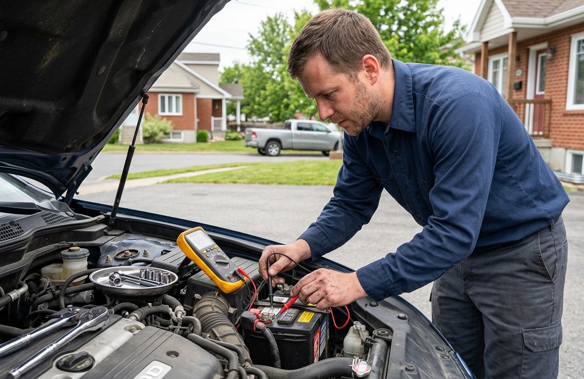 Mobile mechanic testing a car battery with a digital multimeter in an open engine bay