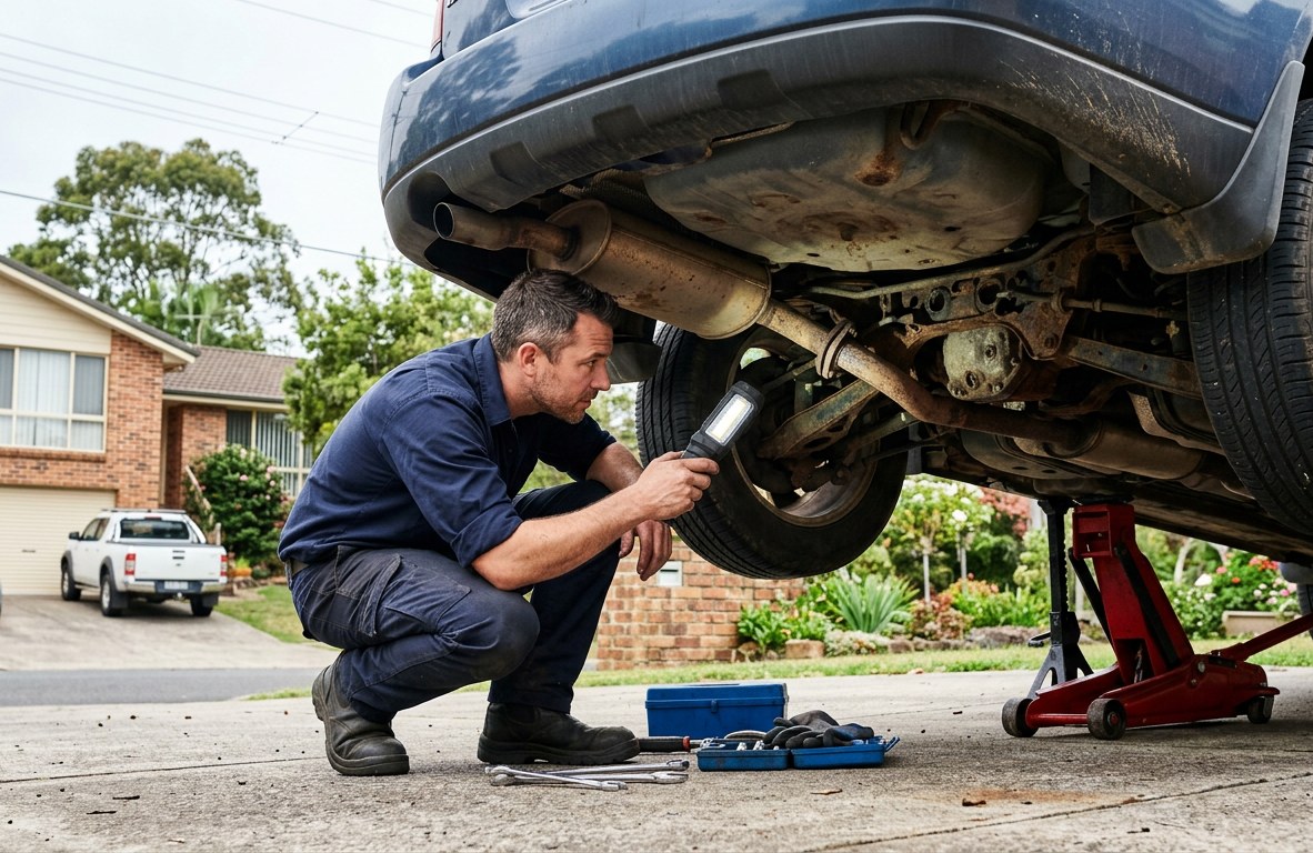 Mobile mechanic inspecting the underside of a used car in a driveway with a flashlight