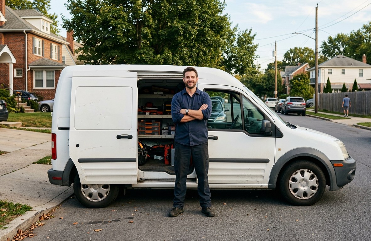 Portrait of a certified mobile mechanic in a navy work shirt standing beside his service van