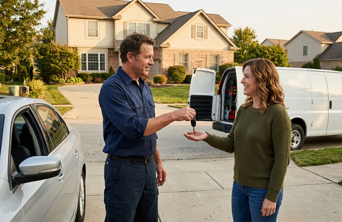 Mobile mechanic handing car keys back to a customer in a driveway with a smile